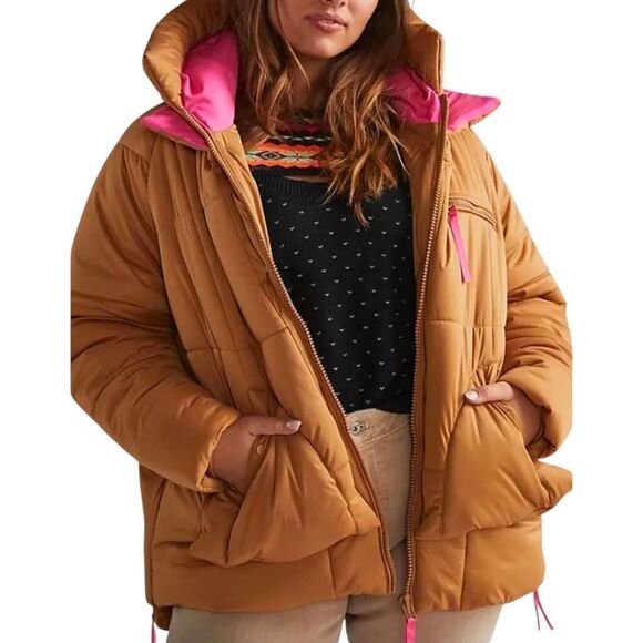 Avec Les Filles Women's Small Brown & Pink Puffer Jacket Hooded - Picture 1 of 10